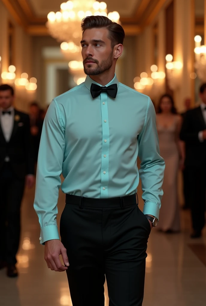 Homme habillé en chemise bleu turquoise clair avec noeud papillon noir sur un pantalon noir et chaussure en cuir à une soirée de gala