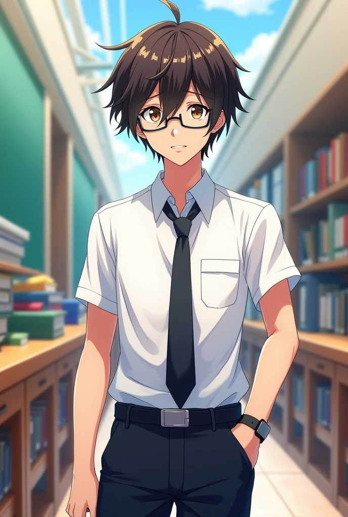 Generate a,2d anime high skool
Hair: Short, dark brown hair, slightly messy and falling over his forehead.Eyes: Wears glasses, giving him a studious, nerdy look.Facial expression: Often has a flustered or nervous expression.Build: Slender and average, with no particularly athletic features.Clothing: Typically wears a school uniform: a white shirt, dark trousers, and a tie.