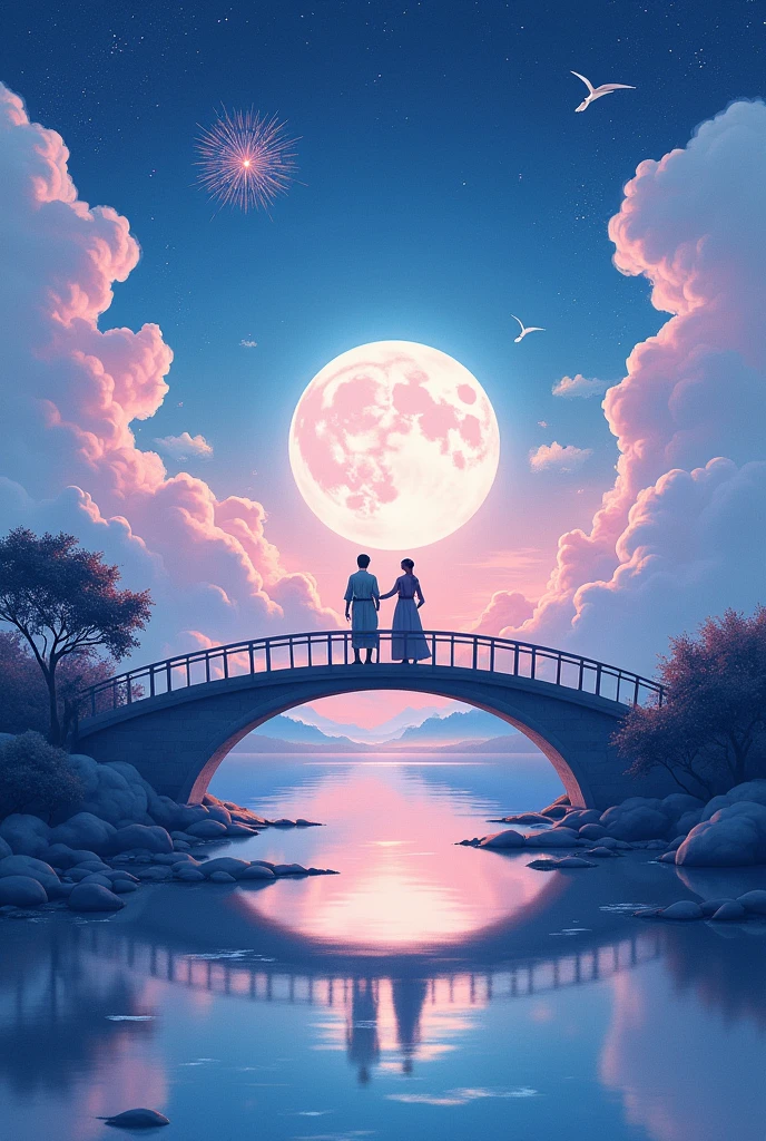 1 Chinese Valentine&#39;s Day poster design pattern, Light tones, Blue and purple, Dream Scene, warm color,Cloud Arch Bridge，:: Weaver Girl and Cowherd Meet on a Bridge，Giant Moon, firework, Starry Sky, Magpie Triangle Composition, Rich details, Top View, Long Shot，Traditional Chinese Painting，exit，landscape，Auspicious，Light background,Highest quality, pastel,Soft Light,4K, plant