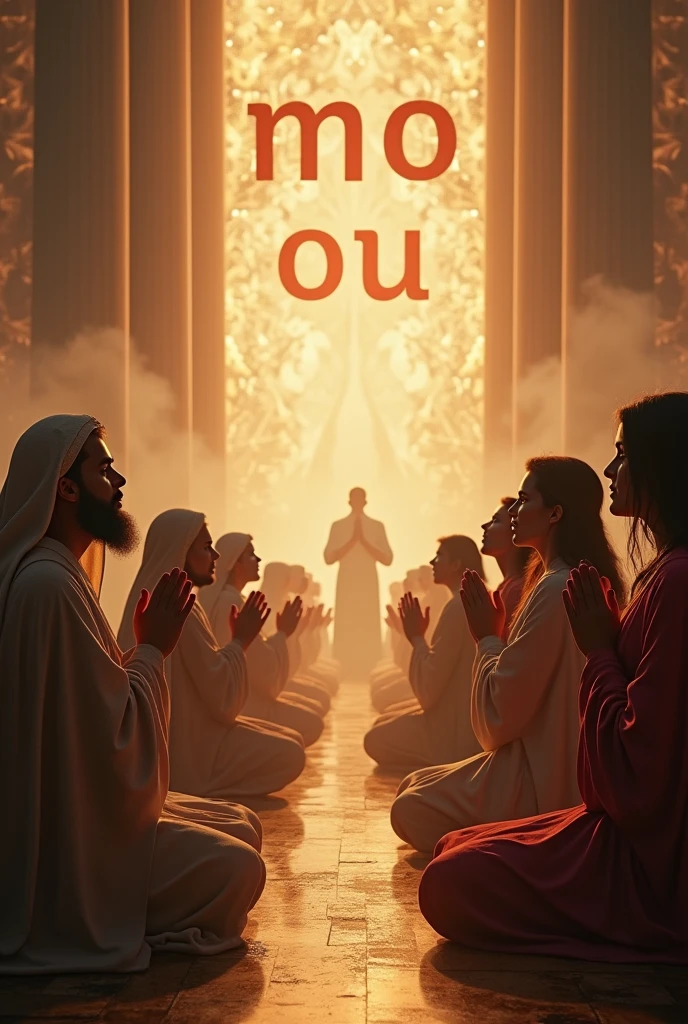 Make a picture of God devotees praying to him and name written in text " m o n u" on background