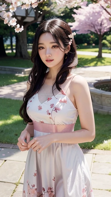 A beautiful woman in a cherry blossom garden, detailed face with beautiful eyes and lips, long black hair flowing in the wind, wearing a dress with cherry blossom pattern, surrounded by dancing petals in the sunlight, high quality 8k photo-realistic CG artwork with cinematic lighting, particle and dynamic effects, narrative composition, lens flare, ray tracing.