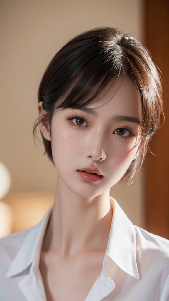 (8k),(RAW Photos),(Highest quality),(masterpiece:1.2),(One woman),(Super beautiful face),(Super detailed),(Slender body),Realistic skin luster,Collared shirt,Very Short Hair,close_up,room,(Slanted Eyes),Thin eyebrows