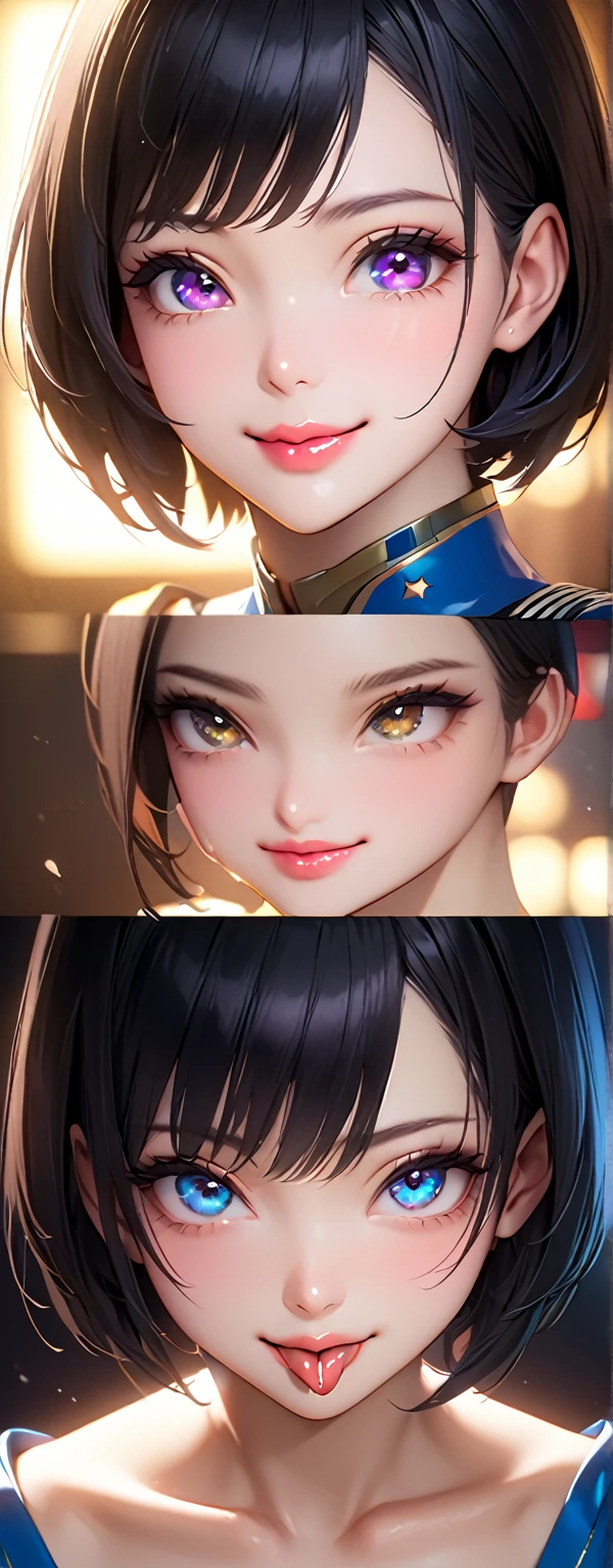 nsfw, smile, upturned eyes, lips, tongue out, cum on tongue, chin up, close up,、Earth Federation Operator Girl Soldier、Black short hair、Large Breasts、Cute like an idol、Childish face and appearance、Highest quality,8k,Highly detailed CG unit wallpaper,masterpiece:1.2,Highest quality,Ultra-high resolution,RAW Photos,Realistic textured skin,Cinema Lighting,great joy,Big eyes,Detailed eyes,Glossy lipstick,Perfect Makeup,Ultra-high definition beauty face,
