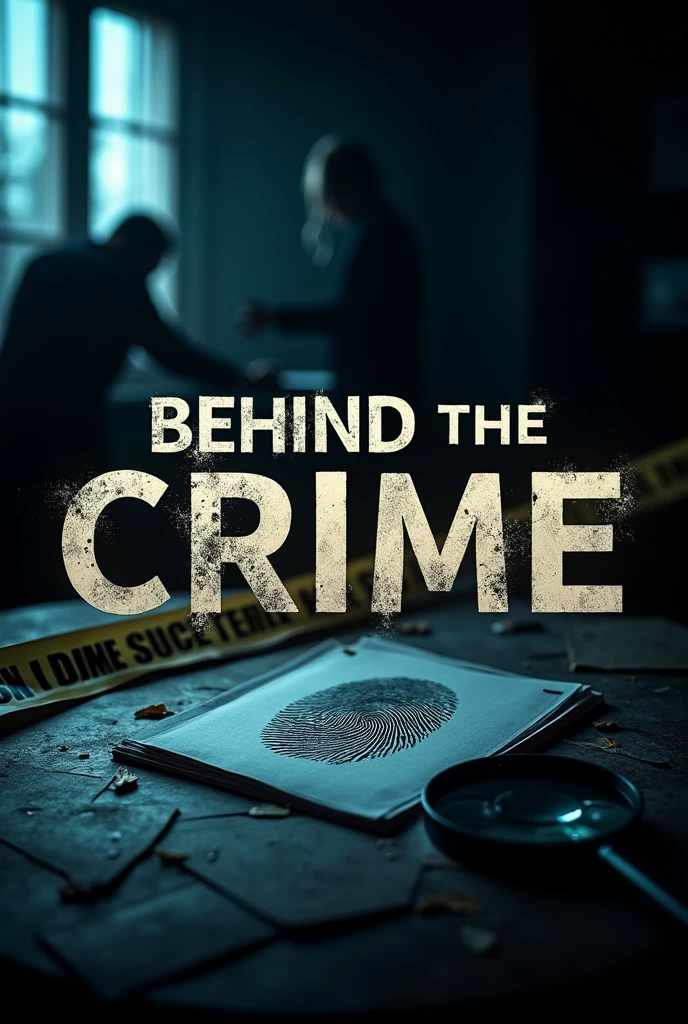 Create a dramatic and mysterious YouTube banner for a crime documentary channel called 'Behind the Crime.' The image should feature a dark, moody background with elements like a faded crime scene tape, a shadowy figure, scattered evidence files, and a magnifying glass over a fingerprint. Include subtle, ominous lighting to emphasize the suspense and intrigue. The channel name 'Behind the Crime' should be prominently displayed in bold, sleek, and slightly distressed typography, blending into the theme with a sense of mystery and professionalism