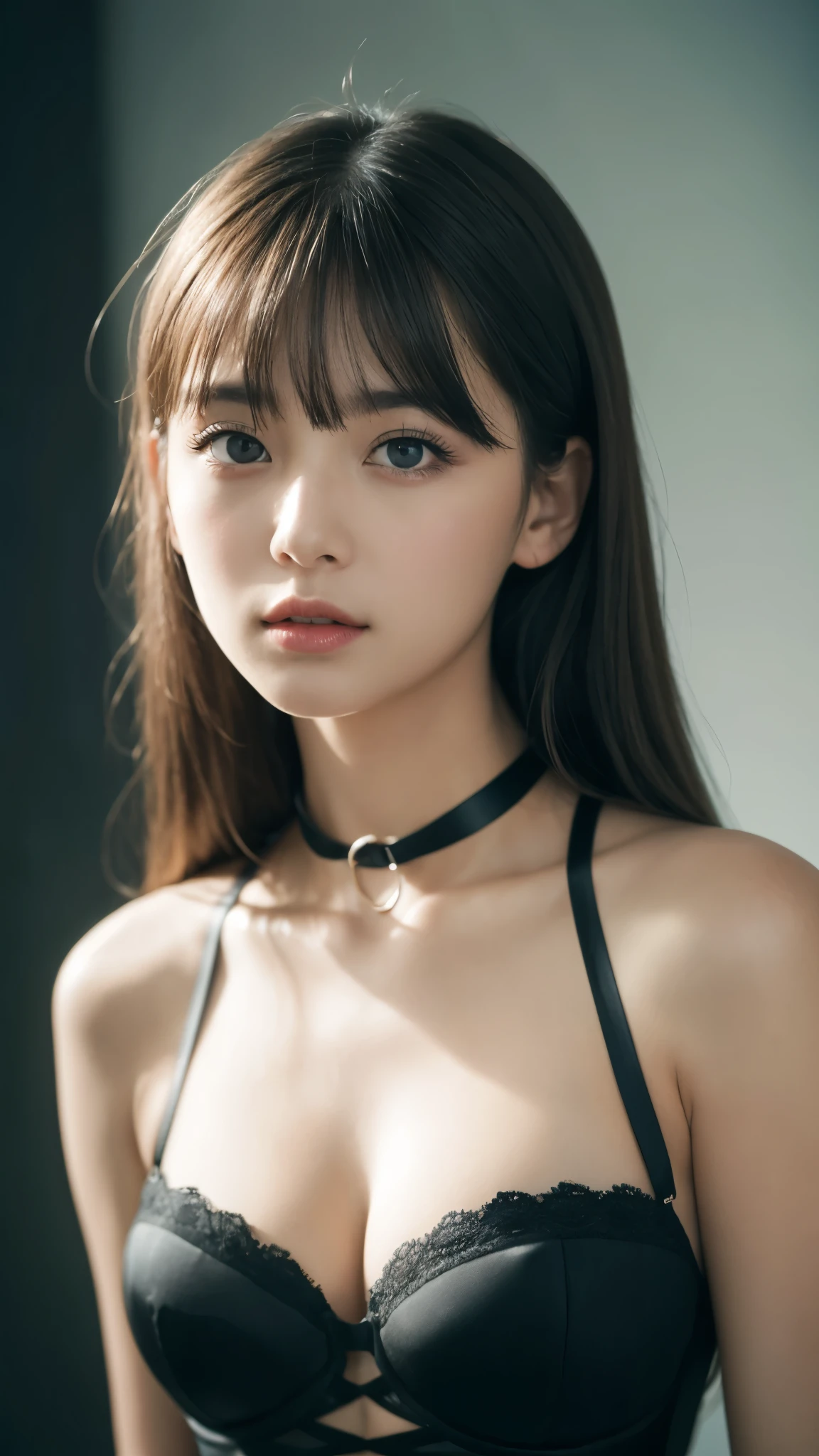 (close up:1.2), (masterpiece, best quality, 8k, official art, raw photo, looking at viewer:1.3), absurdres, violaceaess, gardeniass, black strapless dress and choker, beautiful girl, pretty face, earrings, black hair, film grain, chromatic aberration, sharp focus, facelight, dynamic lighting, cinematic lighting, ultra realistic, highres, extremely detailed eyes and face, sharp pupils, realistic pupils, (simple background, dull light blue background:1.2), black eyes