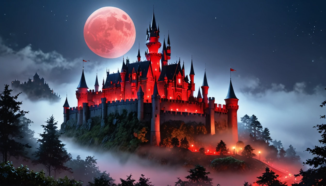 a picture of mist covered fantasy castle at night, half covered by the ((mist: 1,5)), mist ((covers half the castle: 1.5)), fog hides most of the castle  a dark fantasy castle, (goth castle: 1.4), with towers and (red light : 1.4) coming out of the windows, the castle sits on a hill with few trees, the ((mist covers the ground and some of the castle)), it is night time, the blue moon is full, dynamic color moon, some stars, dark fantasy forest,  (best details, Masterpiece, best quality :1.5), ultra best realistic pictures , best details, best quality, 16k, [ultra detailed], masterpiece, best quality, (extremely detailed), ultra wide shot, photorealism, depth of field,