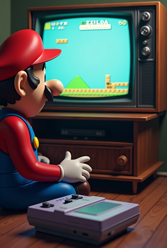 Realistic Mario plays on a super famicom 16 bit Zelda on a tube TV
