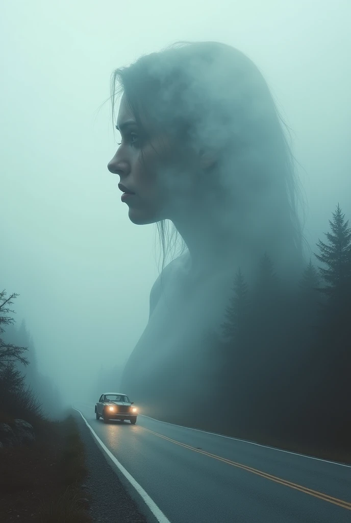 In the mountains in thick fog, a road, a median line, an old car, the weak light of headlights, double exposure of a sad woman profile, mysterious Fog