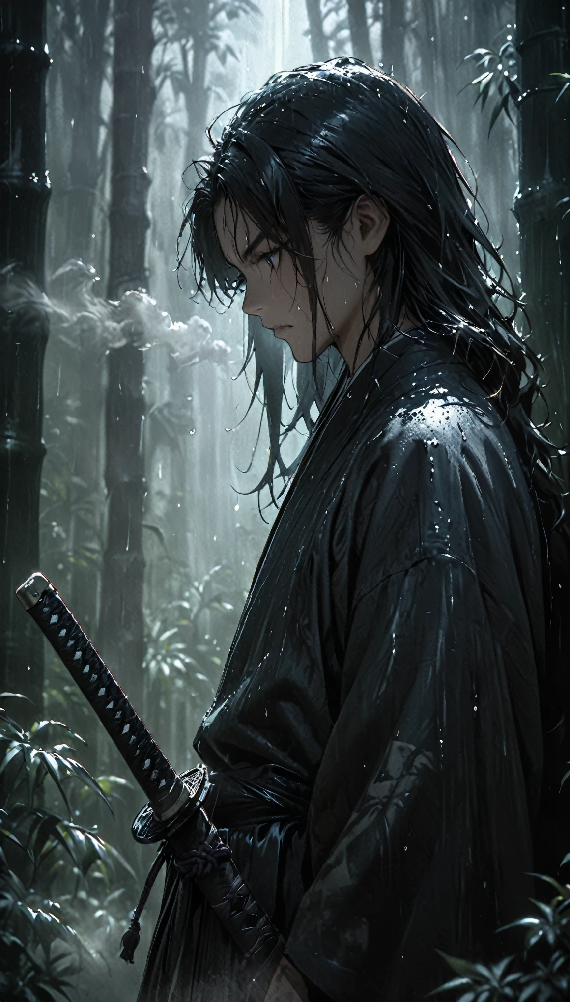 portrait, film poster, 1boy, solo, long hair, Japanese clothing, black clothing, samurai, wearing hakama, (holding weapon, katana), plain tree, sheath, shadow, (ink painting), dramatic lighting, cinematic lighting bamboo forest background, ((white fog foreground)), (rainy), (masterpiece:1.2), (best quality), super detailed, [cowboy shot], from side, DeepNegative_xl_v1