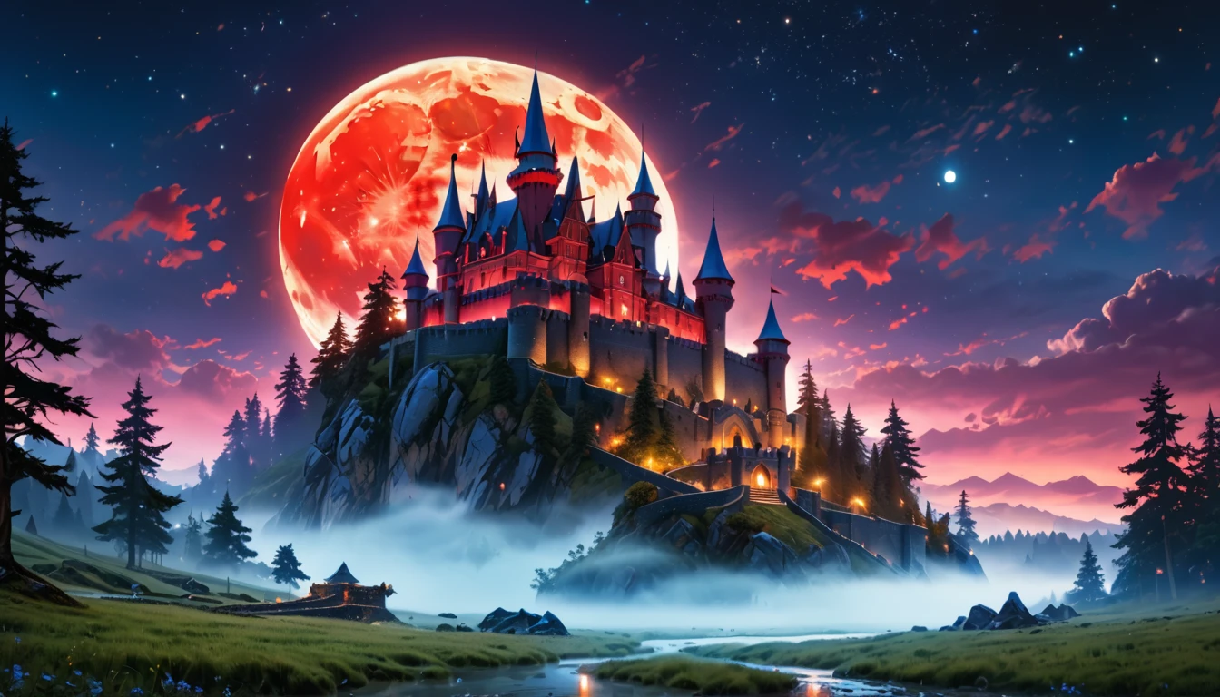 a picture of ((mist covered: 1.5)) fantasy castle at night, half covered by the ((mist: 1,5)), mist ((covers half the castle: 1.4)),  a dark fantasy castle, (goth castle: 1.4), with towers and (red light : 1.4) coming out of the windows, the castle sits on a hill with few trees, the ((mist covers the ground and some of the castle)), it is night time, the blue moon is full, dynamic color moon, some stars, dark fantasy forest,  (best details, Masterpiece, best quality :1.5), ultra best realistic pictures , best details, best quality, 16k, [ultra detailed], masterpiece, best quality, (extremely detailed), ultra wide shot, photorealism, depth of field,