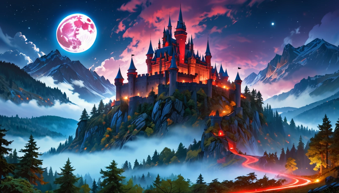 a picture of ((mist covered: 1.5)) fantasy castle at night, half covered by the ((mist: 1,5)), mist ((covers half the castle: 1.4)),  a dark fantasy castle, (goth castle: 1.4), with towers and (red light : 1.4) coming out of the windows, the castle sits on a hill with few trees, the ((mist covers the ground and some of the castle)), it is night time, the blue moon is full, dynamic color moon, some stars, dark fantasy forest,  (best details, Masterpiece, best quality :1.5), ultra best realistic pictures , best details, best quality, 16k, [ultra detailed], masterpiece, best quality, (extremely detailed), ultra wide shot, photorealism, depth of field,
