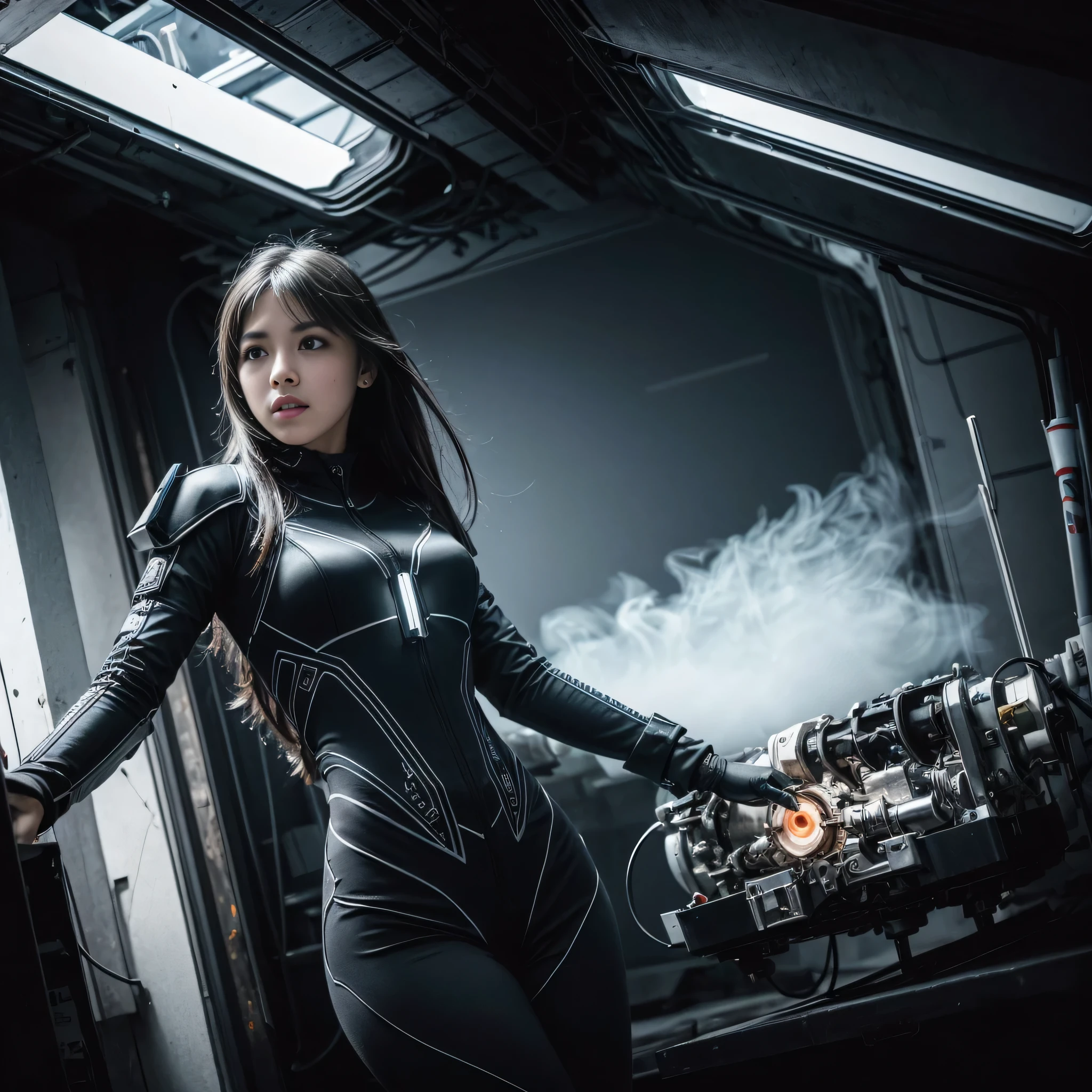 Candid photo of a female engineer repairing the engine of a huge spaceship, Wearing a tight futuristic space suit, masterpiece, (Beautiful and big eyes:1.1), Intricate details, Very complex iris, close, Neon Light, thick smoke, Cyberpunk atmosphere, Flash lighting, Shot with a Bolex H16, Expired Ektachrome film