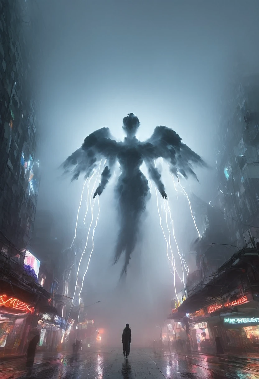 (full body shot) of an alien covered by fog, form-fitting silhouette, iridescent fabric, touch-responsive panels, adaptive color-changing, avant-garde asymmetry, integrated tech accessories, gravity-defying drapes, translucent mesh inserts, biomimetic textures, 3D-printed details, energy-efficient materials, microfiber sensors, minimalist cutouts, modular layering, neural interface compatibility, solar-charging capabilities, fog deepens with few lightingings on lens, puddles, drenched, shimmering, misty air, gray skies, reflective eyes, foggy day, photo location is a night scene from blade runner movie: moviestill, (bright dazzling neon lights:1.3), futuristic skyline, neon-lit alleys, fog-soaked pavement, towering skyscrapers, gritty urban sprawl, synthetic humans, bustling crowds, holographic billboards, flying vehicles, dimly lit shops, cyberpunk aesthetics, dystopian atmosphere, steamy vents, flickering lights, alien in shadows, moody reflections, artificial intelligence, techno-noir setting, dark mysteries, urban decay, rain-slicked streets, augmented reality, electronic hum, metropolitan dystopia, eerie silence, urban isolation, polluted skies, neon fog glow, tech-enhanced crime, melancholic undertones, enigmatic figures, uncertain future, digital billboards, glimmering advertisements, corporate dominance, haunting alleys, tech noir ambiance, abandoned corners, cybernetic implants, forbidden desire