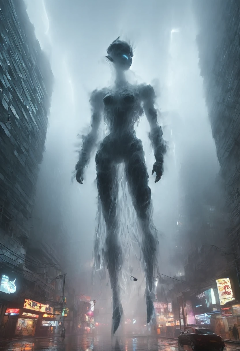 (full body shot) of an alien covered by fog, form-fitting silhouette, iridescent fabric, touch-responsive panels, adaptive color-changing, avant-garde asymmetry, integrated tech accessories, gravity-defying drapes, translucent mesh inserts, biomimetic textures, 3D-printed details, energy-efficient materials, microfiber sensors, minimalist cutouts, modular layering, neural interface compatibility, solar-charging capabilities, fog deepens with few lightingings on lens, puddles, drenched, shimmering, misty air, gray skies, reflective eyes, foggy day, photo location is a night scene from blade runner movie: moviestill, (bright dazzling neon lights:1.3), futuristic skyline, neon-lit alleys, fog-soaked pavement, towering skyscrapers, gritty urban sprawl, synthetic humans, bustling crowds, holographic billboards, flying vehicles, dimly lit shops, cyberpunk aesthetics, dystopian atmosphere, steamy vents, flickering lights, alien in shadows, moody reflections, artificial intelligence, techno-noir setting, dark mysteries, urban decay, rain-slicked streets, augmented reality, electronic hum, metropolitan dystopia, eerie silence, urban isolation, polluted skies, neon fog glow, tech-enhanced crime, melancholic undertones, enigmatic figures, uncertain future, digital billboards, glimmering advertisements, corporate dominance, haunting alleys, tech noir ambiance, abandoned corners, cybernetic implants, forbidden desire