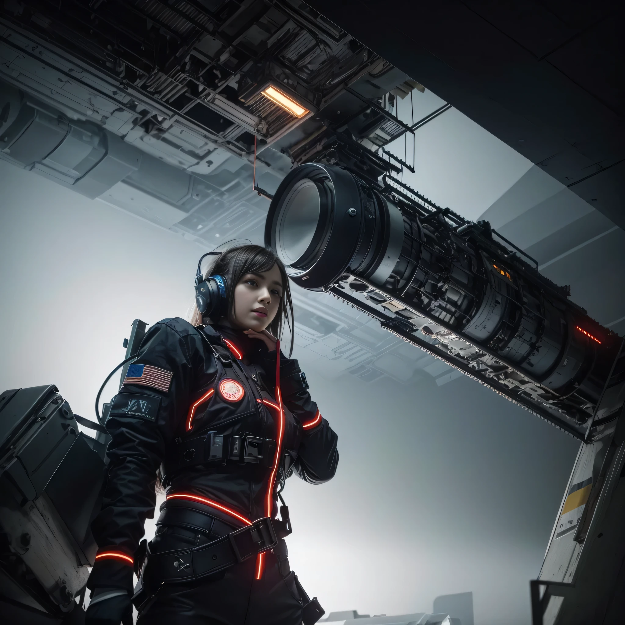 Candid photo of a female engineer repairing the engine of a huge spaceship, Wearing a tight futuristic space suit, masterpiece, (Beautiful and big eyes:1.1), Intricate details, Very complex iris, close, Neon Light, thick smoke, Cyberpunk atmosphere, Flash lighting, Shot with a Bolex H16, Expired Ektachrome film
