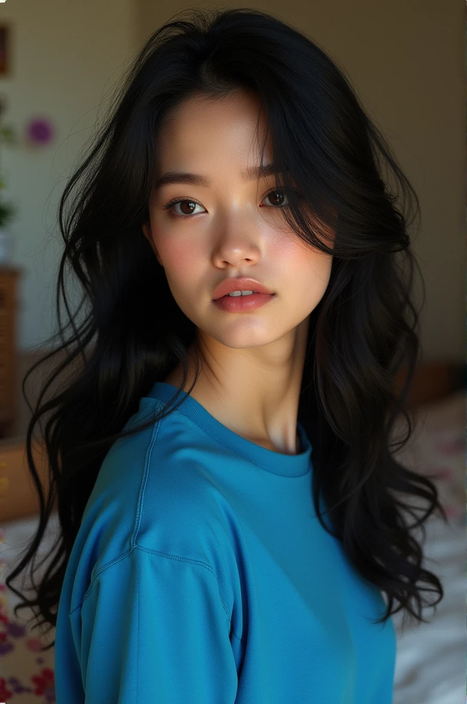 A beutiful girl blue t shirt long black hair at home