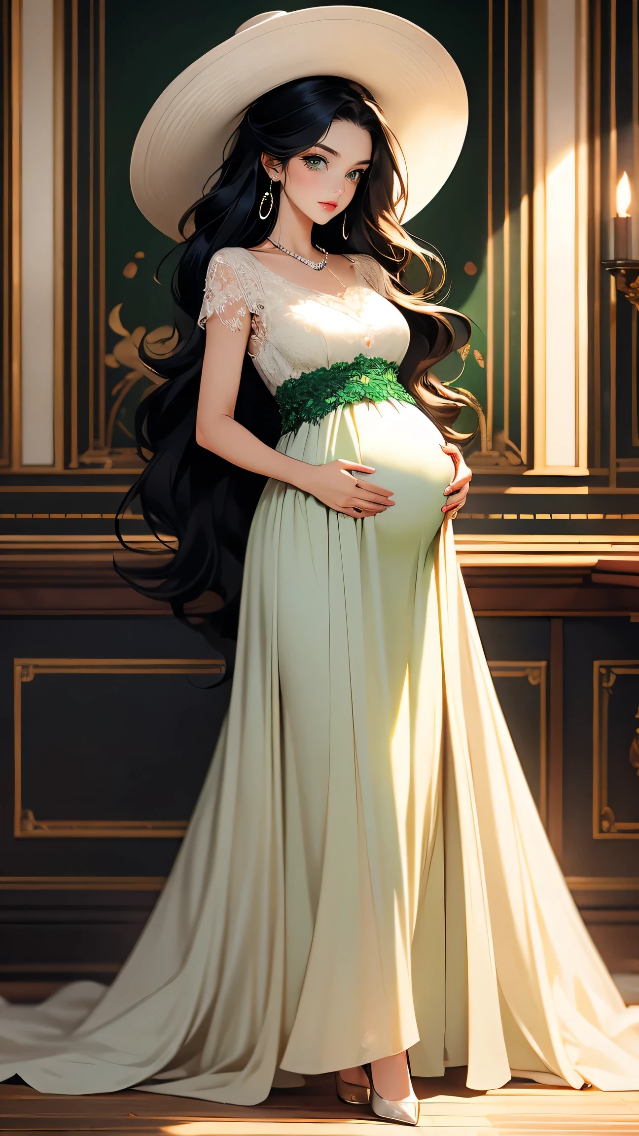 (masterpiece, Best quality, A high resolution, ultra detailed),(beautiful and aesthetically pleasing:1.2), (1 woman), adult, perfect body, wavy black hair, ((green eyes)), detailed eyes and face, (full body), big pregnant belly, pregnant 40 weeks, Elegant Afternoon Tea Attire: Midi dress, Kitten heels, Pearl necklace, Structured handbag, Wide-brim hat, Soft curls hairstyle