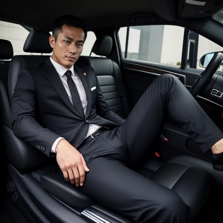 30 years old,One Man,Black Suit、With a handgun on his hip、guard、Inside the car、Sit with your legs spread wide and deep.、,,logic,Gay ,Very short hair、 ,Asian Faces,、The crotch area of my trousers is swollen Handsome