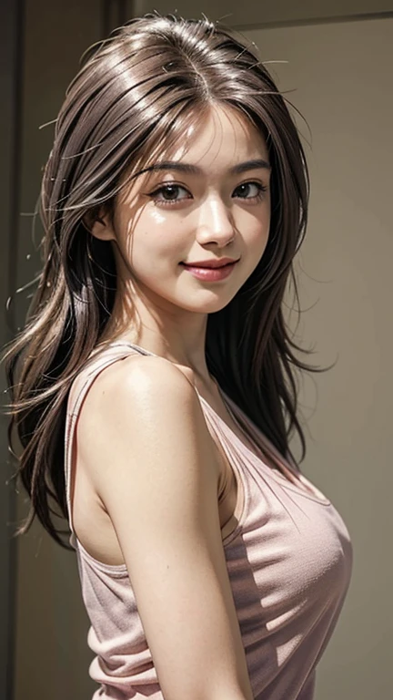 (In 8K、RAW shooting、Highest quality、Masseter region:1.2)、Very detailedな、Ultra-high resolution、(Realistic、Realistic photos:1.37)、Portraiture、High-resolution RAW color photos、Professional photography、hVery detailed and beautiful、Very detailed、8k wallpaper、Very detailedな、Large file size、Official Art、HVery detailed CG Unity 8K wallpapers、hVery detailed beautiful girl、Very detailed顔、Very detailed目、Very detailed皮膚、Very detailed指、hVery detailed nose、Very detailed詳細な口、Perfect Anatomy、Detailed Background、Detailed clothing、1 person、(20:1.2)、20th Generation、cute、Realistic body、((masterpiece, Highest quality, Highest quality, Official Art, beautifully、beautiful:1.2)),((masterpiece)),((Vibrant colors)),((Ayako Katagiri)),((Mischievous smile)),((smile)),((looks fun)),(((Tank top)))