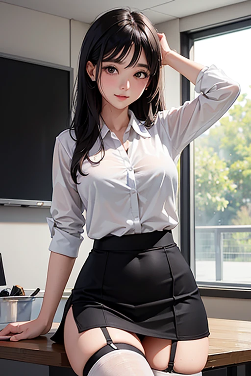 A 30-year-old female teacher shows off her、She hides her sexy charm in a white blouse and tight black skirt.. today, . She is the coach of the swimming club and wears a garter belt., round butt line.Steamy panties、Sit with your legs apart、Wet and digging into panties