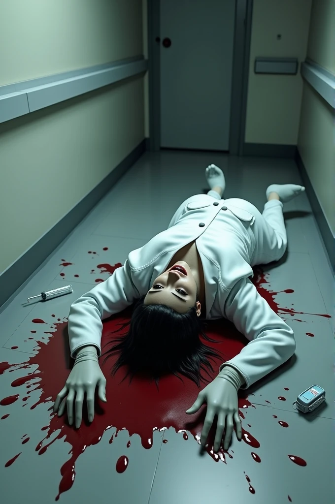 Create a realistic 3D image of a female doctor is lying on the floor and blood stains on the floor