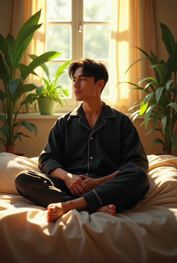 (photorealism:1.2), beautiful man, sitting on bed, wearing black shirt , pajama pants, straight hair, indoors, soft lighting, plants in background, window with sunlight, cozy room, relaxed pose, realistic, intricate details, warm colors, by Greg Rutkowski, by Alphonse Mucha