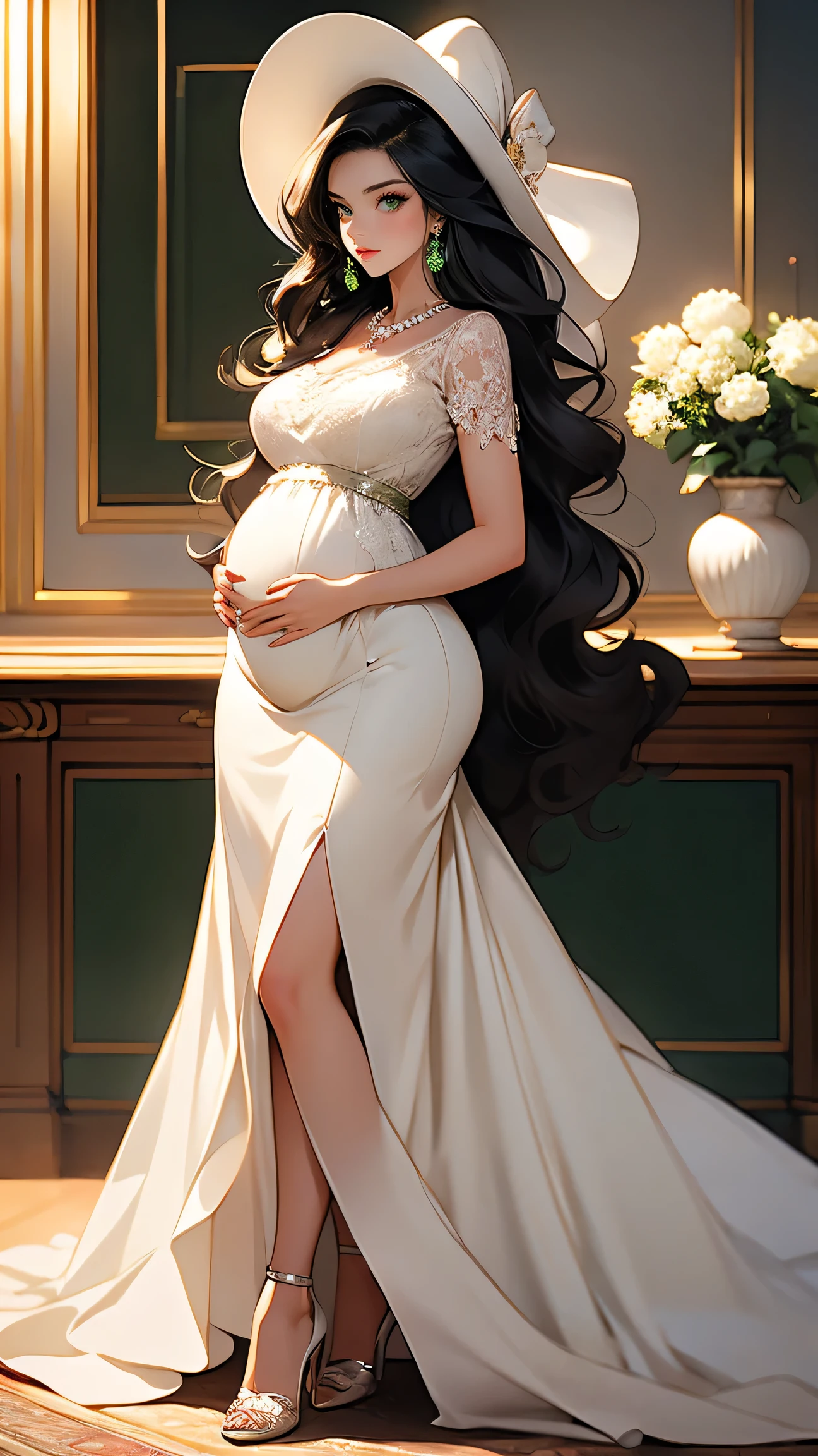 (masterpiece, Best quality, A high resolution, ultra detailed),(beautiful and aesthetically pleasing:1.2), (1 woman), adult, perfect body, wavy black hair, ((green eyes)), detailed eyes and face, (full body), big pregnant belly, pregnant 40 weeks, Elegant Afternoon Tea Attire: Midi dress, Kitten heels, Pearl necklace, Structured handbag, Wide-brim hat, Soft curls hairstyle