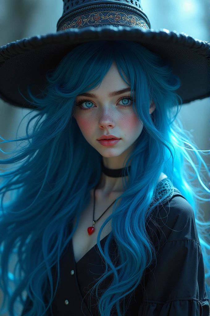 Blue hair with red tips, long hair, blue eyes, witch hat, twin tails