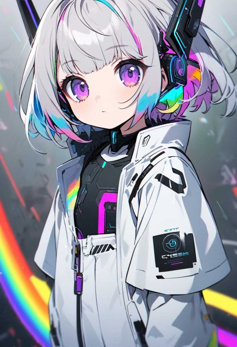 good looking, alone, 1 female, Medium Hair, Gray Hair, Rainbow Hair, Purple eyes, White clothes, Futuristic, cyber punk, Cybernetic, neon, Scientist,Child