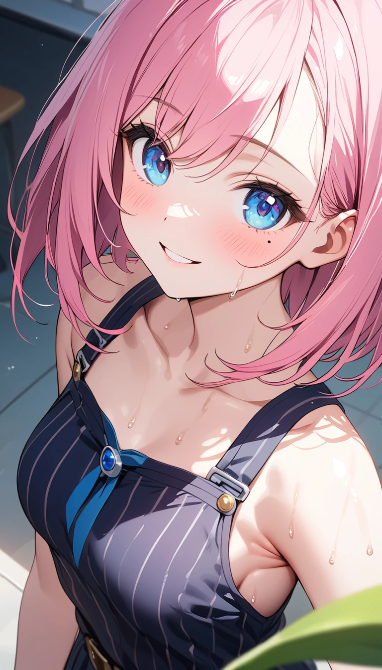 (1 girl),(Best Picture Quality, 8K, Masterpiece:1.3), (high  student:1.5), ((pink lob hair:1.1)), (bob cut),(swept bangs), (cute eyes, pupil black, iris skyblue, youthful face), (mole under right eye), (standard weight), (small breasts), (glistening skin:1.3),(pale skin:1.2),(sweaty skin:1.2),(Smile),BREAK blamagi.