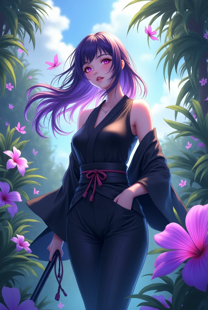 Ultra-realistic 8K CG，tmasterpiece，（（Ultra detailed backgrounds，delicate patterns，Complicated details）），Best quality at best，very vey very detailed face，very detailed eyes and faces，Very detailed eyes，Kochou Shinobu，O cabelo multicolorido，No bangs，hair intakes，Purple eye，Forehead，Black shirt，Black pantsuit，haori，butterflys，Button，obi strip，（trpical garden：1.2），purple flower，tchibi，mostly cloudy sky，rays of sunshine，Tyndall effect，Gradient_sky，the face，beautiful sky，Saber on the waist，captivating posture，（Large breasts)，（cleavage)，（Off-the-shoulder attire:1.3),nsfw