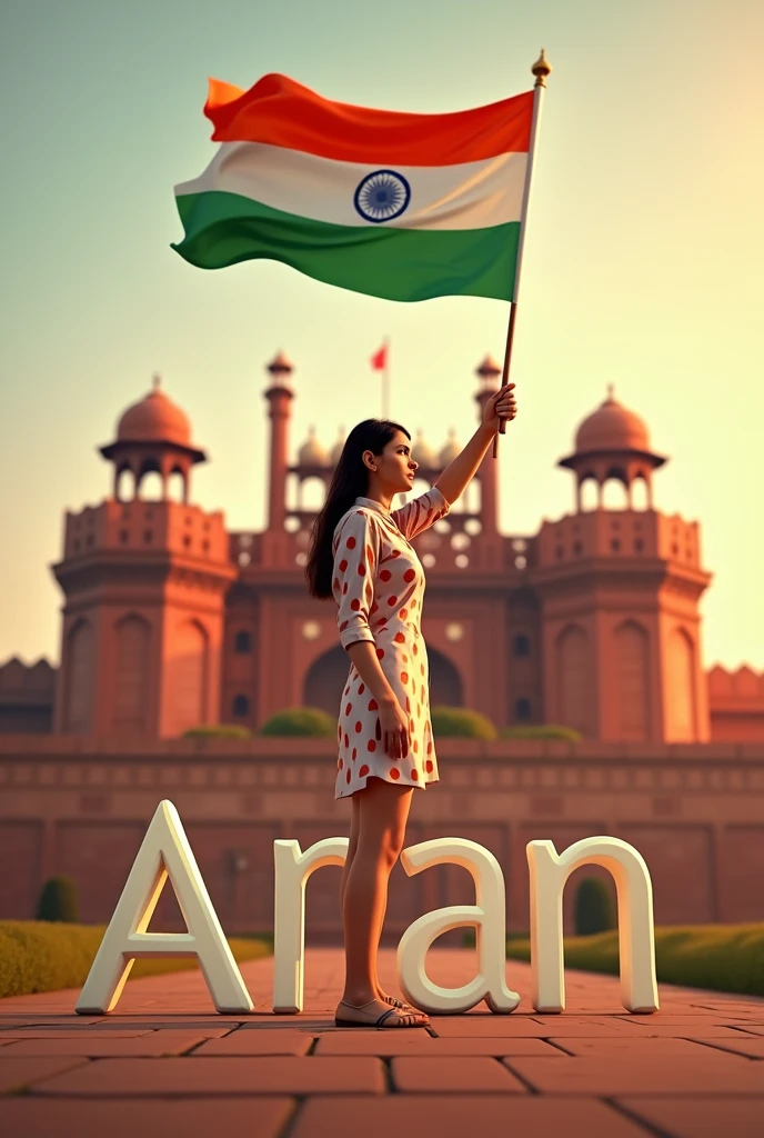 A woman holding the Indian flag proudly in one hand, standing in front of the Red Fort. On the side, the name 'Anam' is written in large, transparent letters, creating a patriotic and vibrant 3D scene ultra realistic photography hd 32K