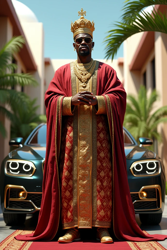 a Nigerian prince with luxurious vehicle and house on the background wearing all traditional royal clothing