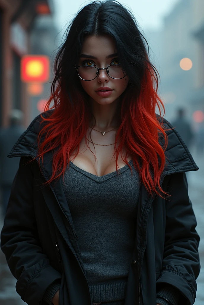 a shy girl with a voluptuous body and big breasts , she wears a sweater with a dark trench coat she wears glasses her hair is black and has streaks of red her eyes are different colors she is cheerful, shy and extroverted