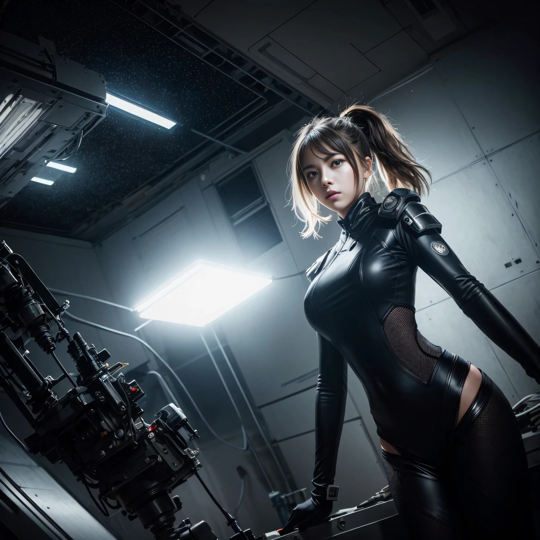 Candid photo of a female engineer repairing the engine of a huge spaceship, Wearing a tight futuristic space suit, masterpiece, (Beautiful and big eyes:1.1), Intricate details, Very complex iris, close, Neon Light, thick smoke, Cyberpunk atmosphere, Flash lighting, Shot with a Bolex H16, Expired Ektachrome film