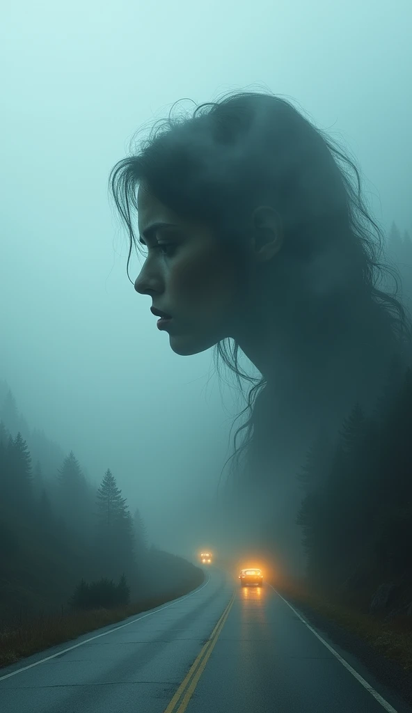 In the mountains in thick fog, a road, a median line, an old car, the weak light of headlights, double exposure of a sad woman profile, mysterious Fog