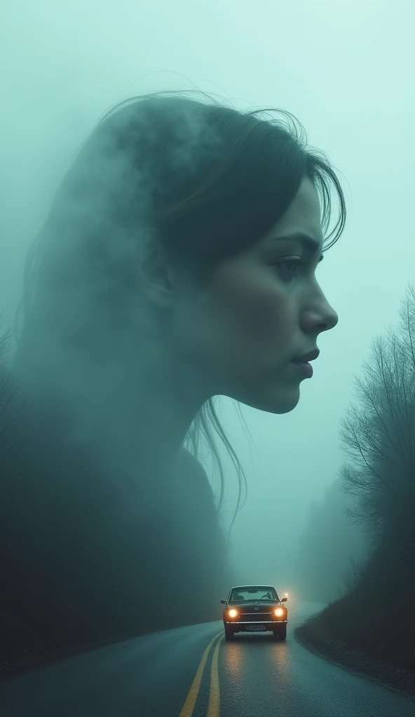 In the mountains in thick fog, a road, a median line, an old car, the weak light of headlights, double exposure of a sad woman profile, mysterious Fog