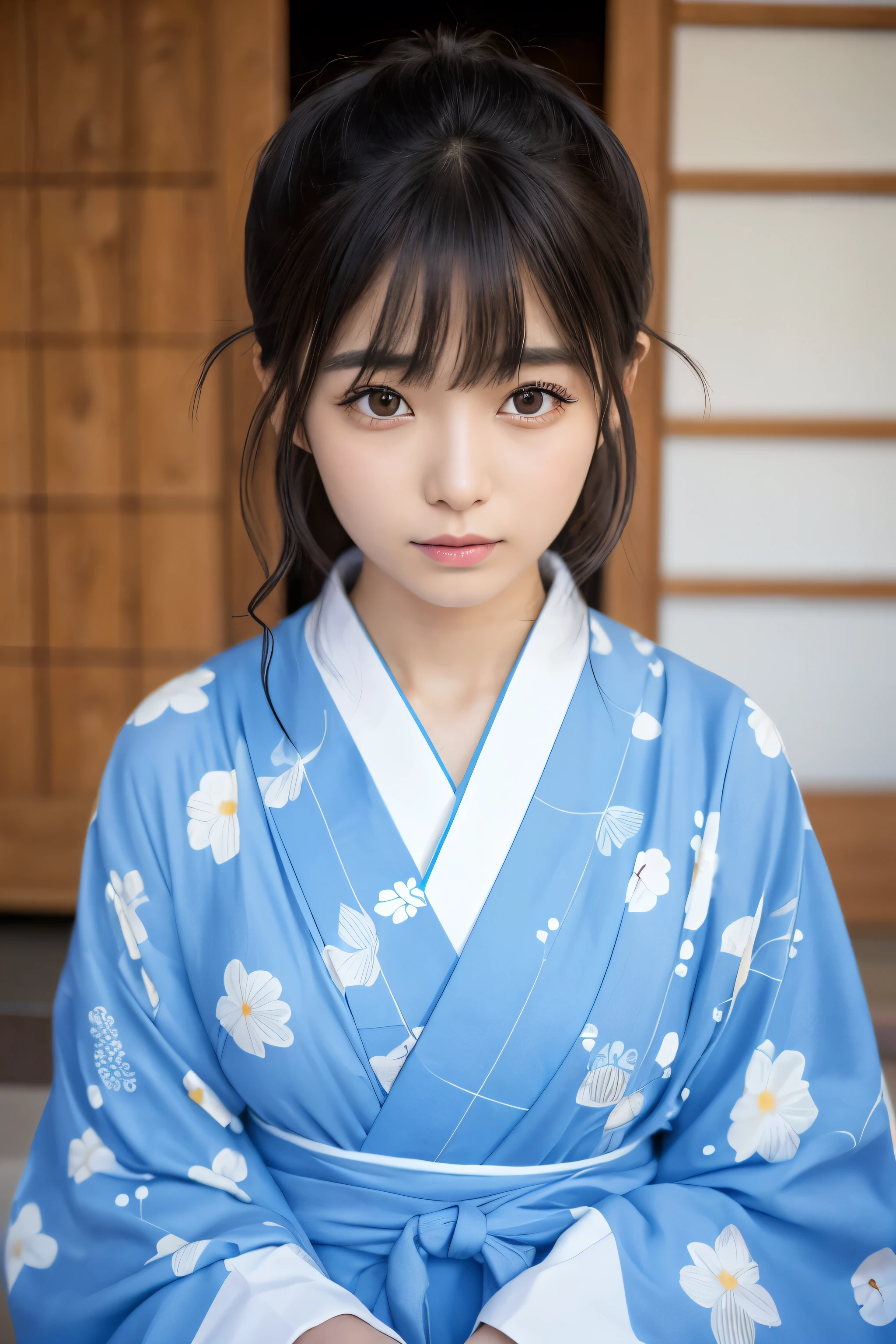 Wearing a light blue yukata、A realistic full-body photo of a Japanese person sitting in seiza position。Age: about 21 years old。The hairstyle is black.、With bangs、The front hair is parted in 73 parts。Antennae extending to the sides of the ears。 She is not wearing a headband or a scrunchie.。Eyes、I have double eyelids、Makeup makes eyes look droopy。 The upper eyelashes、It&#39;s so short.、Not voluminous but a little long。 The width of the nostrils is smaller than average. The width of the eyes is about the average for Japanese people.。 151cm 43kg Summer Cool-toned skin Deep pink lips Baby pink cheeks。A slight protruding chin。She has two small earrings in both ears。