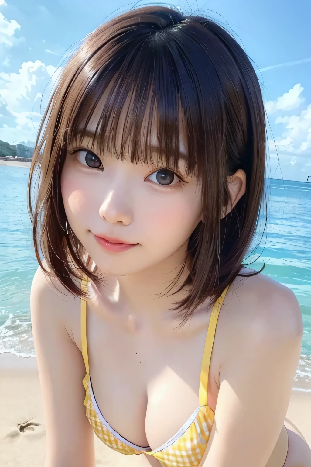 8k、Highest quality、masterpiece、(Face shot close up)、solo、(Round  with babylim、Flat Body:1.23)、On all fours, Cleavage、Sandy Beach、A yellow and white gingham swimsuit
