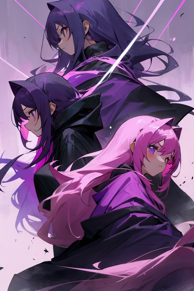  twin girls, one pink and one purple with long hair, all wearing black hoodies