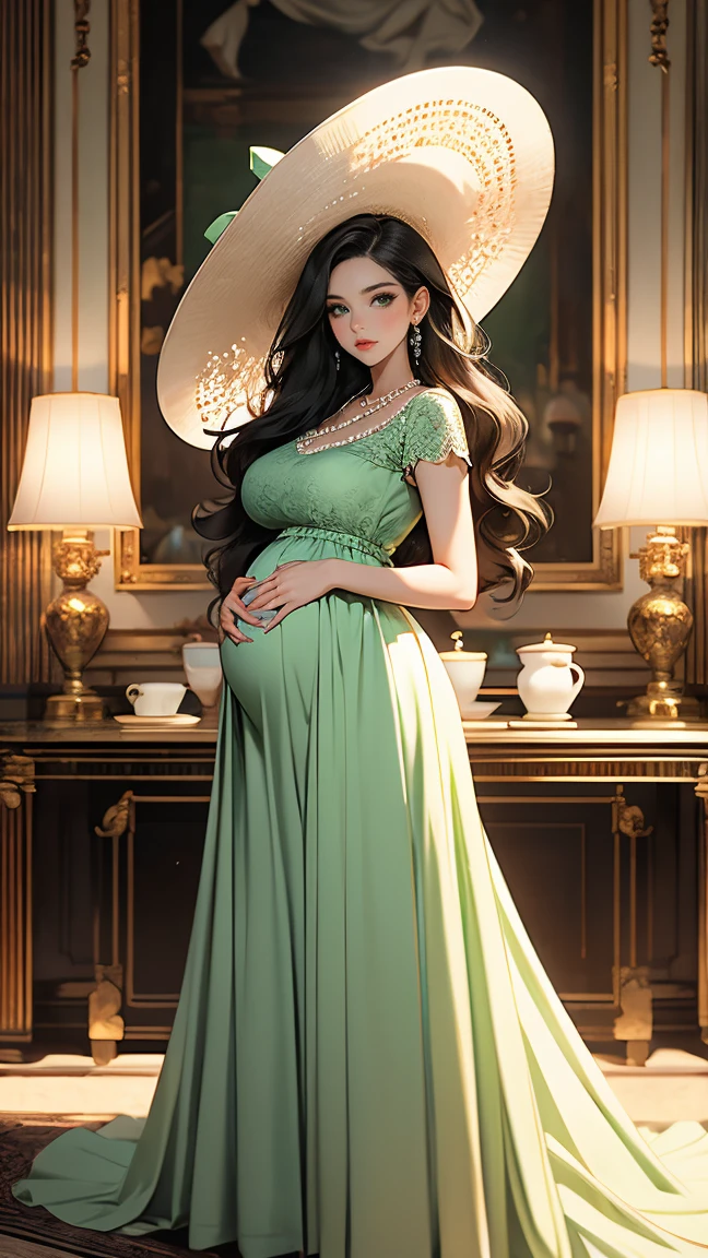 (masterpiece, Best quality, A high resolution, ultra detailed),(beautiful and aesthetically pleasing:1.2), (1 woman), adult, perfect body, wavy black hair, ((green eyes)), detailed eyes and face, (full body), big pregnant belly, pregnant 40 weeks, huge breasts, Elegant Afternoon Tea Attire: Midi dress, Kitten heels, Pearl necklace, Structured handbag, Wide-brim hat, Soft curls hairstyle