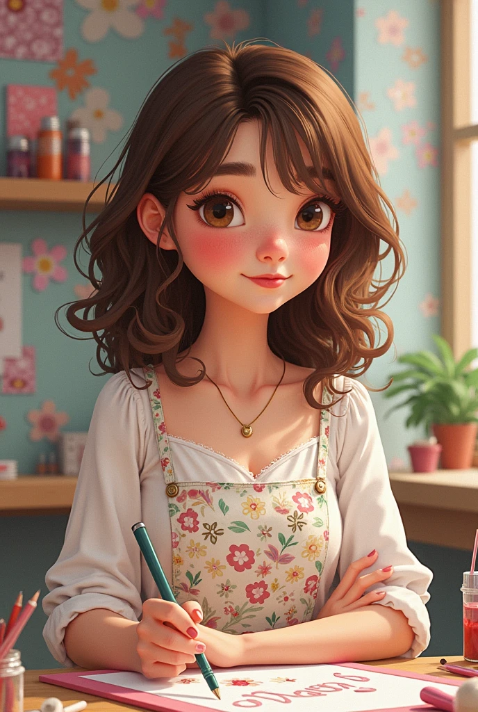 Fille châtain cheveux mi long,  avec une frange, type Européenne, créatrice,  scrapbooking.  En arrière arrière plan un atelier colorée,  couleur douces, Pastel PastelsPlein d'articles créatif Arrière-plan aquarelle taches d'encre,  carteries, craft, Craftygirl , style Disney 