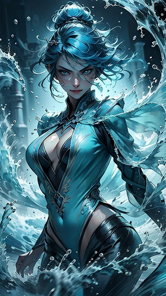 (Ultra detailed, best quality ,absolutely resolution:1.5, perfect anatomy ), (a woman is dancing on the Legendary lake) , 32years old, beautiful magician, (liquid clothes, sexy clothes ), (dynamic water, surrounded water, beautiful dynamic flow ), (Highly detailed skin and facial textures:1.2), (aqua blue hair and long, ultra detailed face and eyes , cool beauty face and smirk , sexy ), (mysterious magic), beautiful and aesthetic, (elegant , sexy beauty, perfect style:1.2),Fair skin, very beautiful face, (Medium chest, cleavage), (detailed eyes, detailed face, beautiful blue eyes), in_ice_cube,