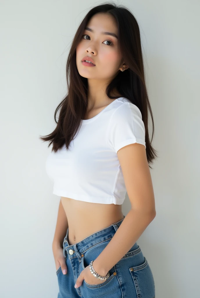Brunette with black straight hairs wearing a white crop narrow shirt top with medium long sleeves and blue jeans