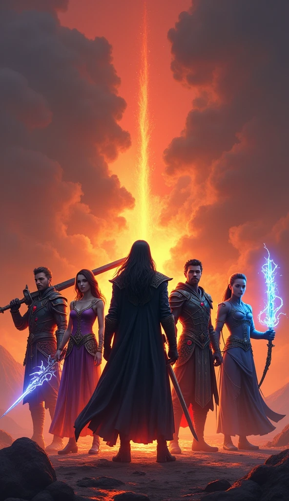 A realistic, photorealistic depiction of five characters standing facing each other.

Center:

Vortex: A male warrior with long black hair. He stands in the center and wears a shiny black coat over a white shirt. He holds a long sword with both hands, which is surrounded by a dark aura.

Left of Vortex:

Valis: A male knight with long black hair. He stands to the left of Vortex and wears black armor adorned with red jewels. He carries a huge greatsword on his shoulder.

Next to Valis (left):

Seraphina: A female summoner with long red hair. She stands to the left of Valis and wears a robe decorated with intricate, mystical patterns. She holds an ancient magical staff in one hand.

Right of Vortex:

Raven: A male dark elf with long silver hair and purple leather armor. He stands to the right of Vortex and holds a bow with a glowing arrow ready to fire.
Next to Raven (right):

Mirage: A male magician with silver hair. He stands to the right of Raven and wears elegant blue robes. He holds a magic wand that emits a soft blue aura.

Background: The setting is a volcanic region with a dramatic fiery sky. Volcanic smoke and flames paint the sky red, highlighting the characters' weapons and auras to the fullest. The overall style blends realistic and fantastical elements to emphasize the epic nature of the group.