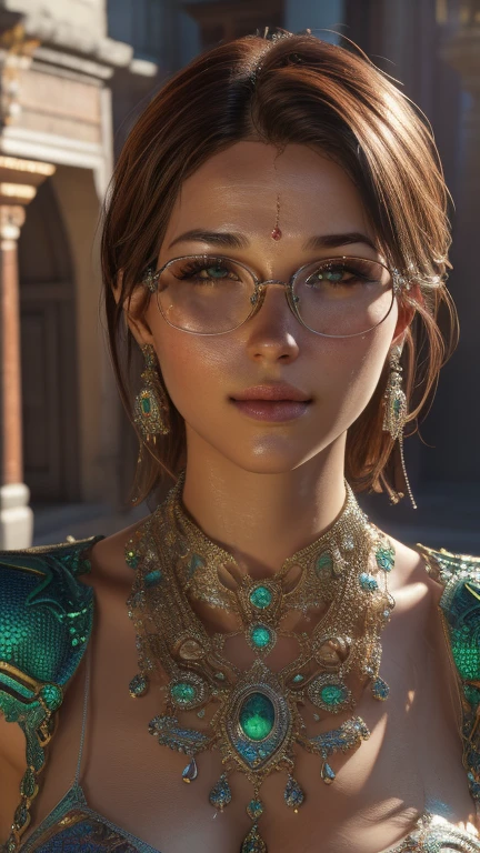 In the courtyard of the temple. Short, Red hair, green eyes, smile, girl , metal frame glasses. (masterpiece, top quality, Best quality, official art, beautiful and aesthetically pleasing:1.2), extremely detailed,(fractal art:1.2),colorful,The most detailed, (dynamic pose), (Many colors:1.4). ((split. skin texture, Shiny skin. elegance. photorealism. unreal engine. 3D model. Ultra high quality textures. high detail. permission 8k))