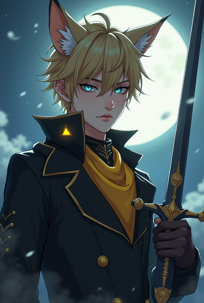 A handsome boy, close-up of a man holding a sword and a sword, blonde hair, a yellow triangle scarf around his neck, a black military uniform, shaggy fox ears (especially large), inspired by Yang Jin, moon-themed costume, astral witch costume, blue-gold pupils, thin man fantasy alchemist, full body adoptable