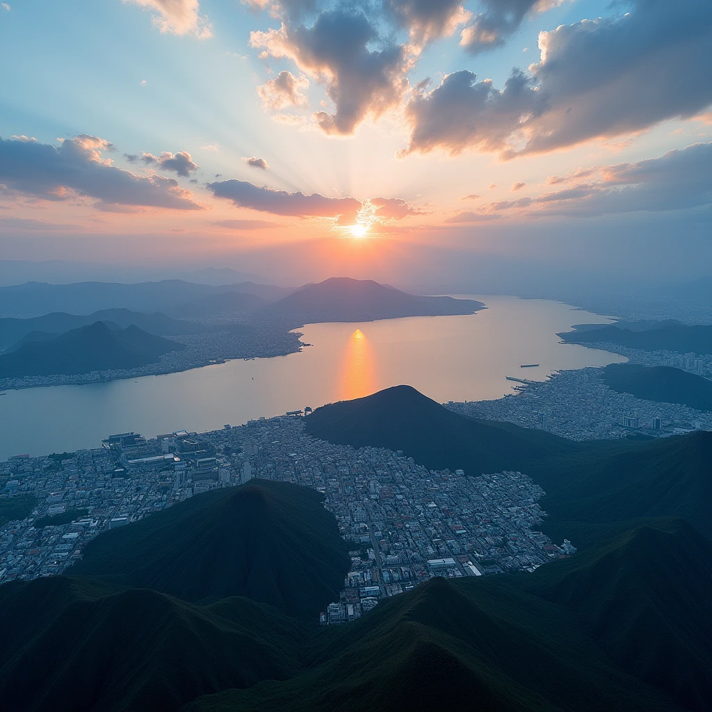 stunning aerial view of a city with a large body of water, 4k, 8k, highres, masterpiece:1.2,ultra-detailed,realistic,photorealistic,photo-realistic:1.37,HDR,UHD,vivid colors,stunning landscape,beautiful cityscape,sakurajima volcano,kagoshima prefecture,japan,aerial photography,mount sakurajima,iwakura,kinko bay,dramatic lighting,epic scale,serene atmosphere