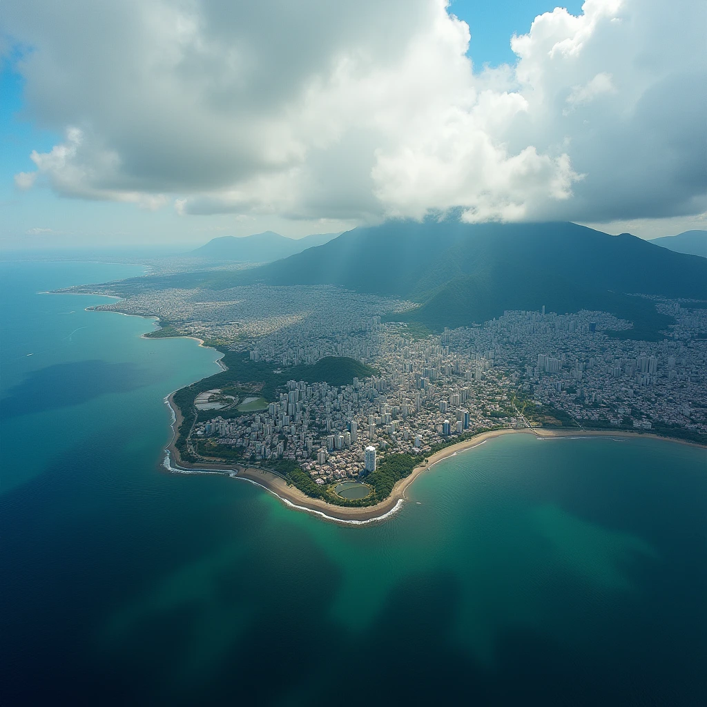 stunning aerial view of a city with a large body of water, 4k, 8k, highres, masterpiece:1.2,ultra-detailed,realistic,photorealistic,photo-realistic:1.37,HDR,UHD,vivid colors,stunning landscape,beautiful cityscape,sakurajima volcano,kagoshima prefecture,japan,aerial photography,mount sakurajima,iwakura,kinko bay,dramatic lighting,epic scale,serene atmosphere