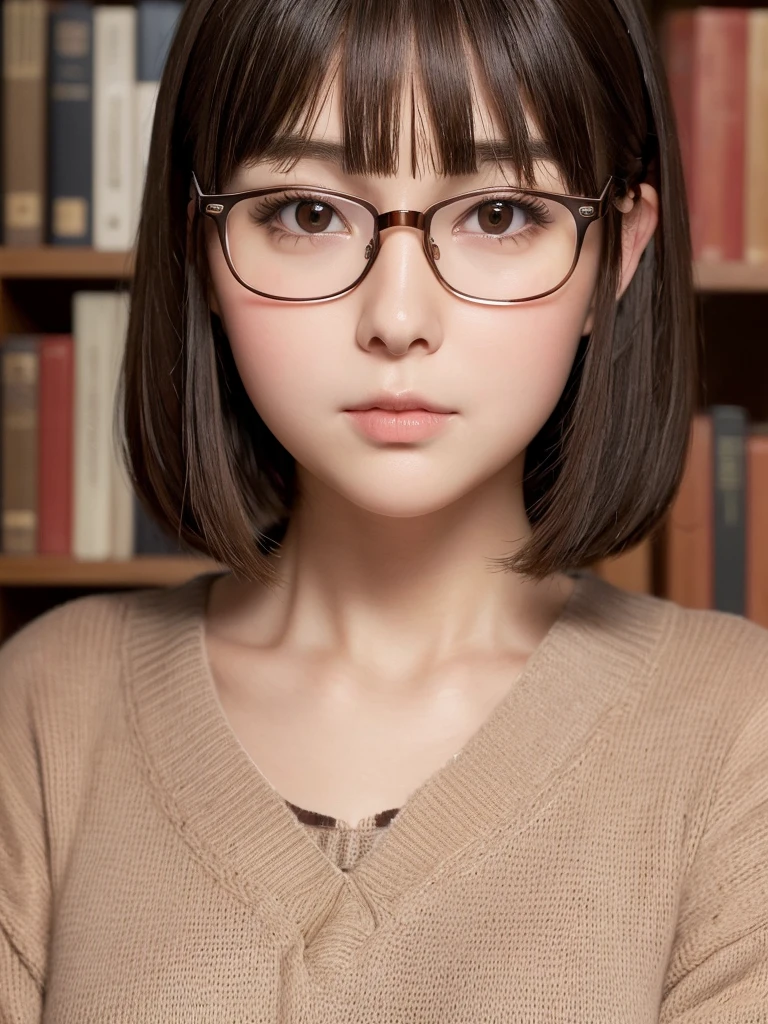 ((NSFW)), (Cute, girl), (round_face:1.4), Smirk, (Square,glasses), (Straight blunt bangs:1.5), (Sweater), (breast), Library, ((8k, hyper detailed, realistic)), Detailed skin, Detailed face, best quality real texture skin, high resolution, 